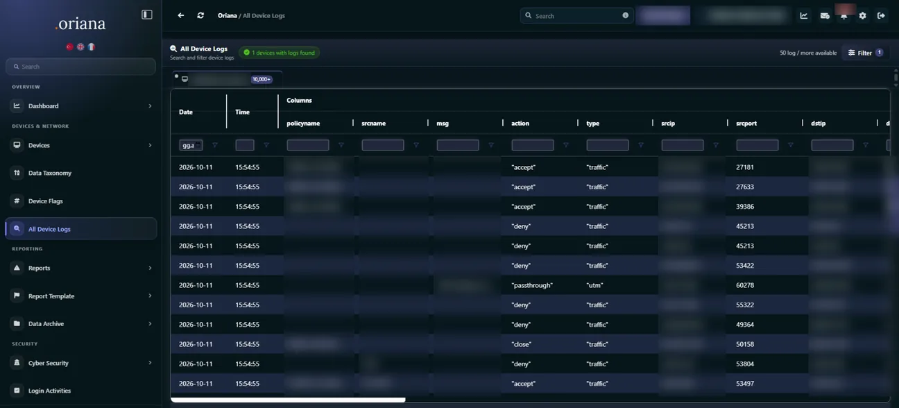 Device logs screen: FortiGate traffic records, column filters and search