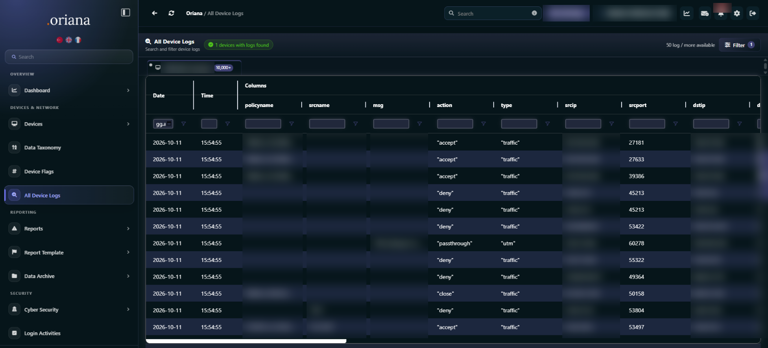 Device logs screen: FortiGate traffic records, column filters and search