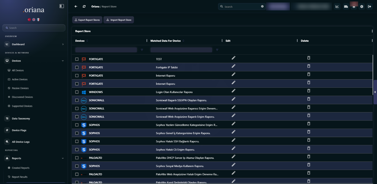 OrianaLOG central log management interface: device logs, search and archive